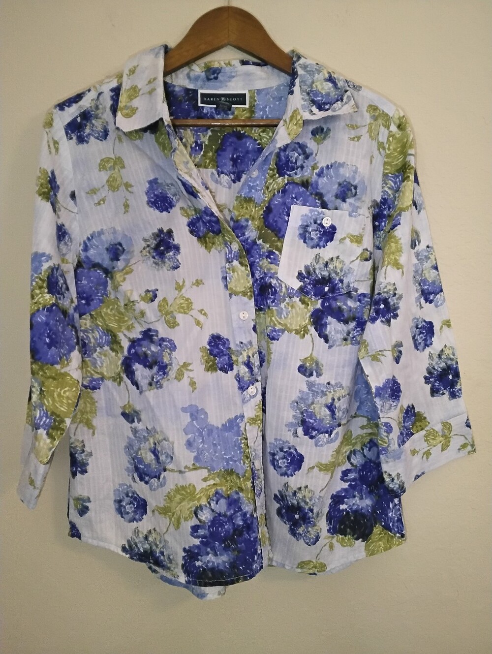 Karen Scott Blue Floral Button-Up Shirt